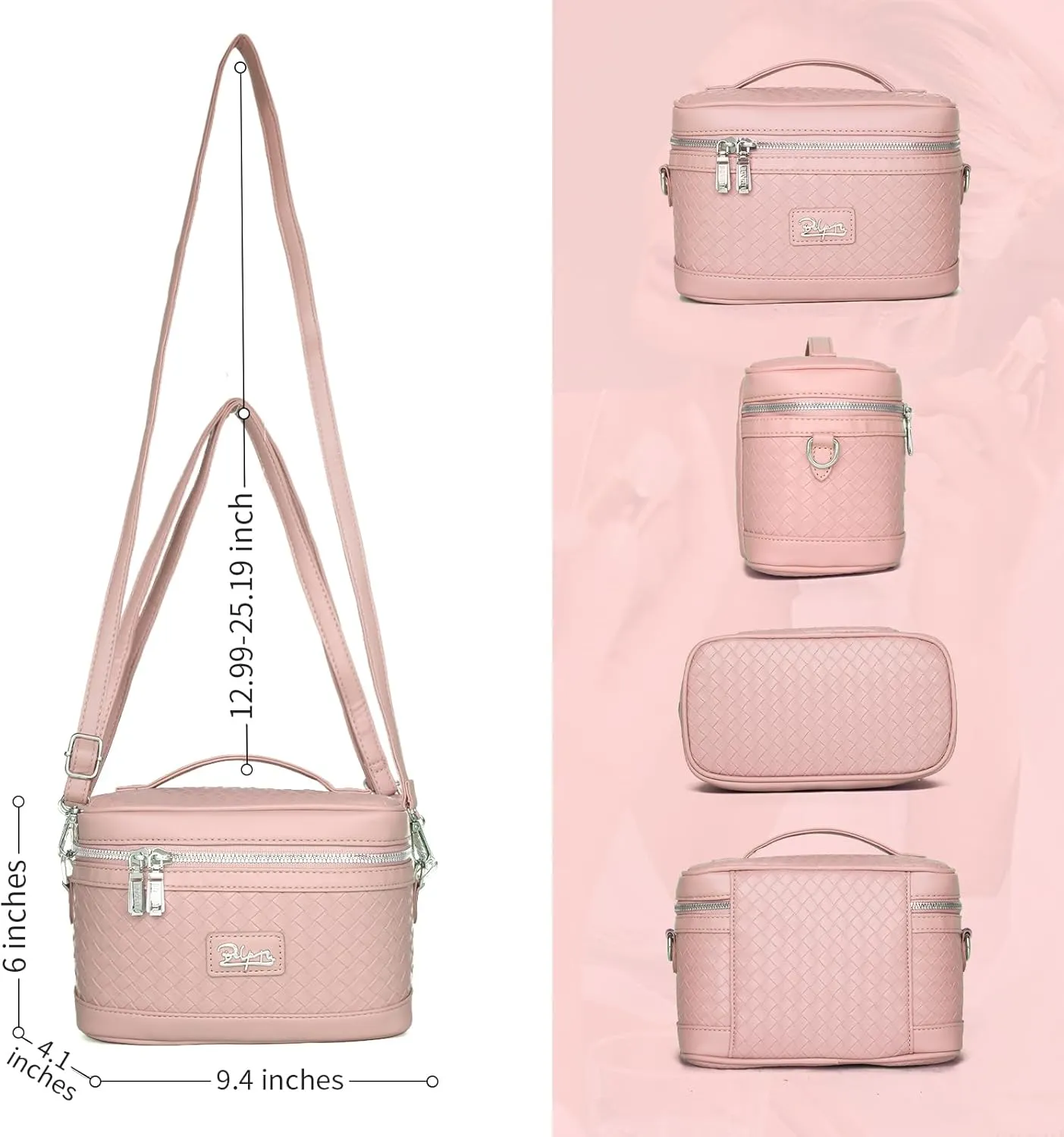 Travel Makeup Bag for Women: Large Capacity Cosmetic Bag Set of 2 - Vegan Leather Vanity Case with Mirror - Crossbody Waterproof Toiletry Bag Make up Organizer Case (Pink)