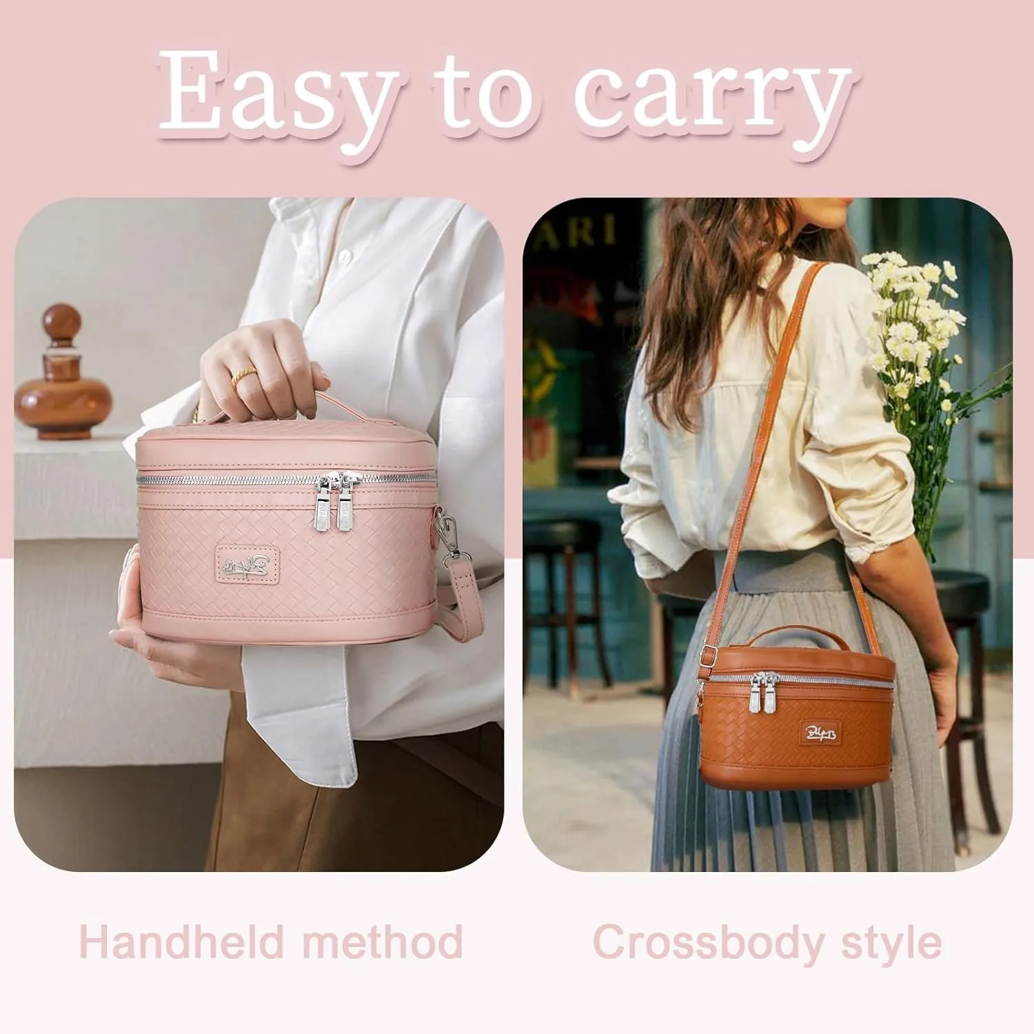 Travel Makeup Bag for Women: Large Capacity Cosmetic Bag Set of 2 - Vegan Leather Vanity Case with Mirror - Crossbody Waterproof Toiletry Bag Make up Organizer Case (Pink)