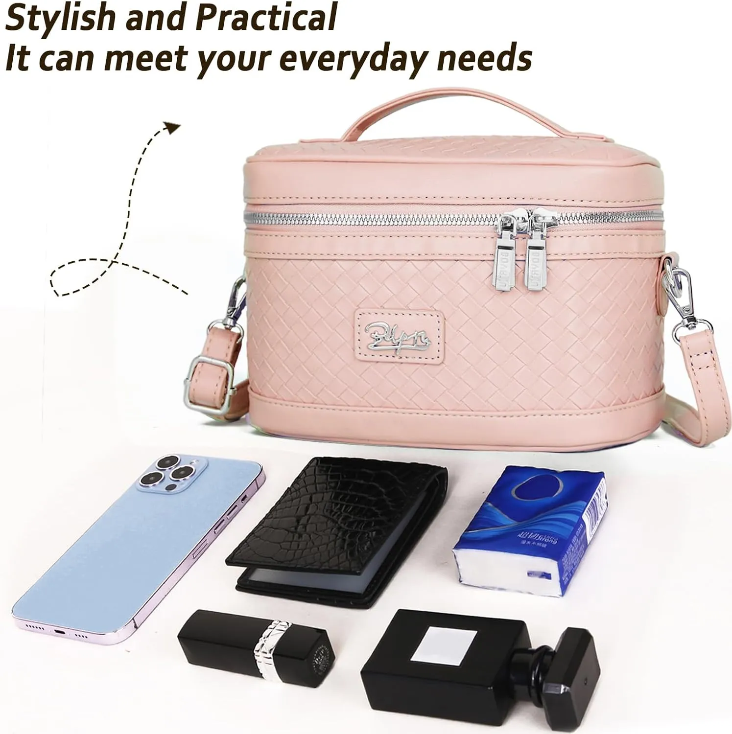 Travel Makeup Bag for Women: Large Capacity Cosmetic Bag Set of 2 - Vegan Leather Vanity Case with Mirror - Crossbody Waterproof Toiletry Bag Make up Organizer Case (Pink)