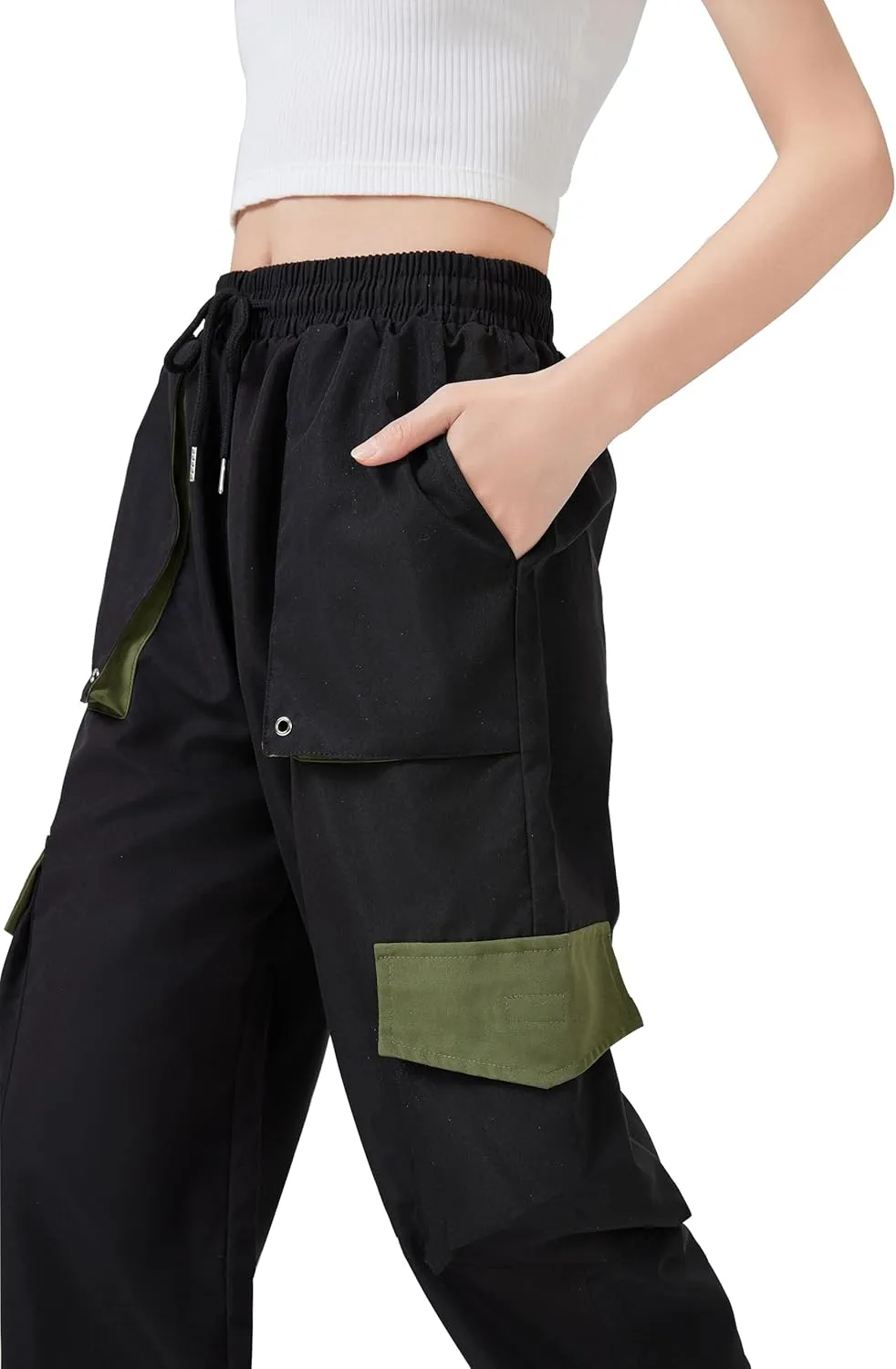 TSMNZMU Womens Cargo Pants High Waist Parachute Trousers Casual Bottoms Hiking Harem Pant with Velcro Pockets