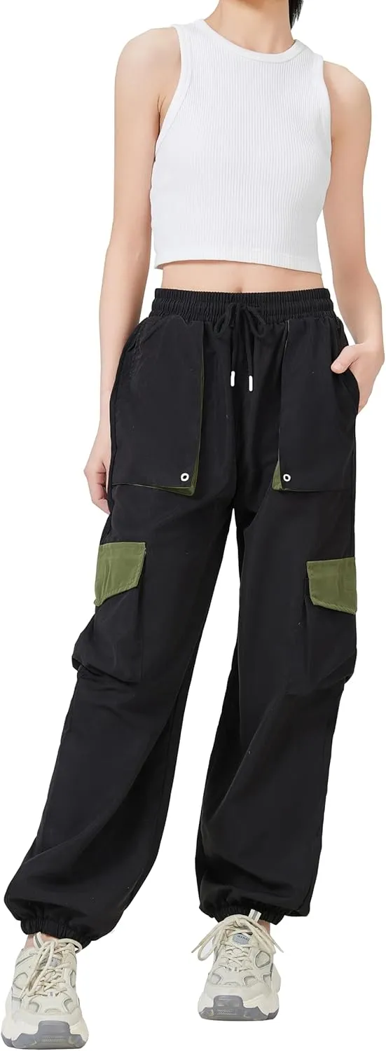 TSMNZMU Womens Cargo Pants High Waist Parachute Trousers Casual Bottoms Hiking Harem Pant with Velcro Pockets