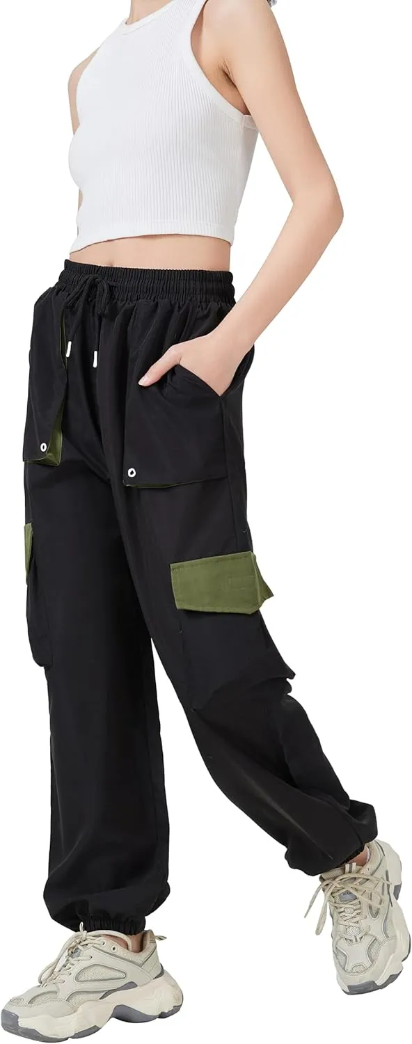 TSMNZMU Womens Cargo Pants High Waist Parachute Trousers Casual Bottoms Hiking Harem Pant with Velcro Pockets