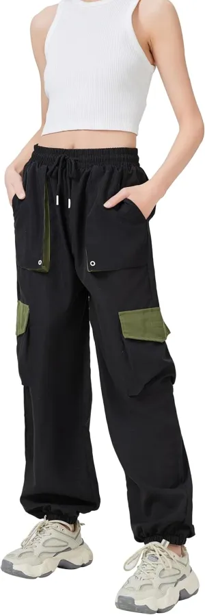 TSMNZMU Womens Cargo Pants High Waist Parachute Trousers Casual Bottoms Hiking Harem Pant with Velcro Pockets