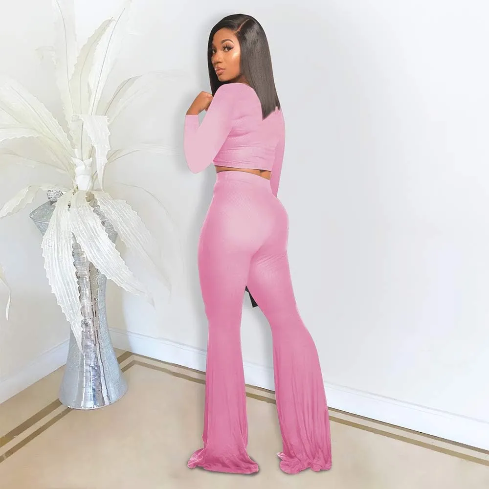 Two Piece Outfits for Women Sexy Crop Top   Flared Long Pants Sweat Suits Ribbed Fitted Tracksuits Yoga Set