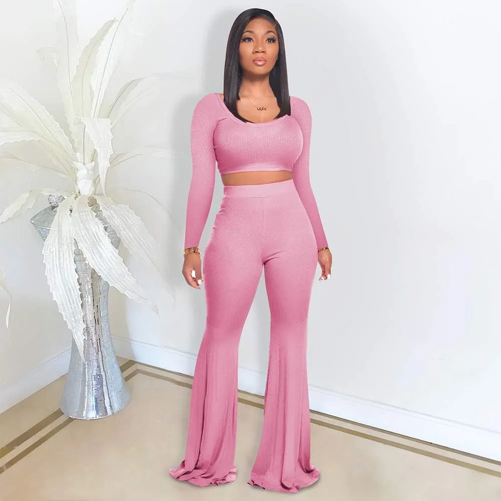 Two Piece Outfits for Women Sexy Crop Top   Flared Long Pants Sweat Suits Ribbed Fitted Tracksuits Yoga Set