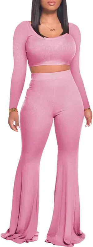 Two Piece Outfits for Women Sexy Crop Top   Flared Long Pants Sweat Suits Ribbed Fitted Tracksuits Yoga Set