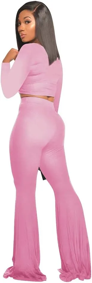 Two Piece Outfits for Women Sexy Crop Top   Flared Long Pants Sweat Suits Ribbed Fitted Tracksuits Yoga Set