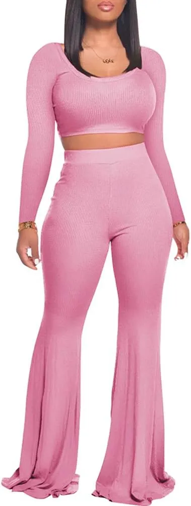Two Piece Outfits for Women Sexy Crop Top   Flared Long Pants Sweat Suits Ribbed Fitted Tracksuits Yoga Set