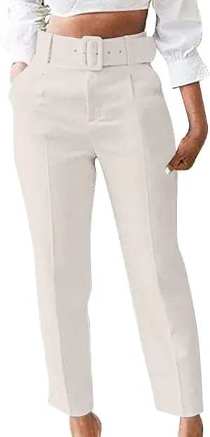 Uillui Dress Suit Pants for Women Business Casual Straight Leg Trouser Dressy High Waist Office Work Pant Slacks with Belted