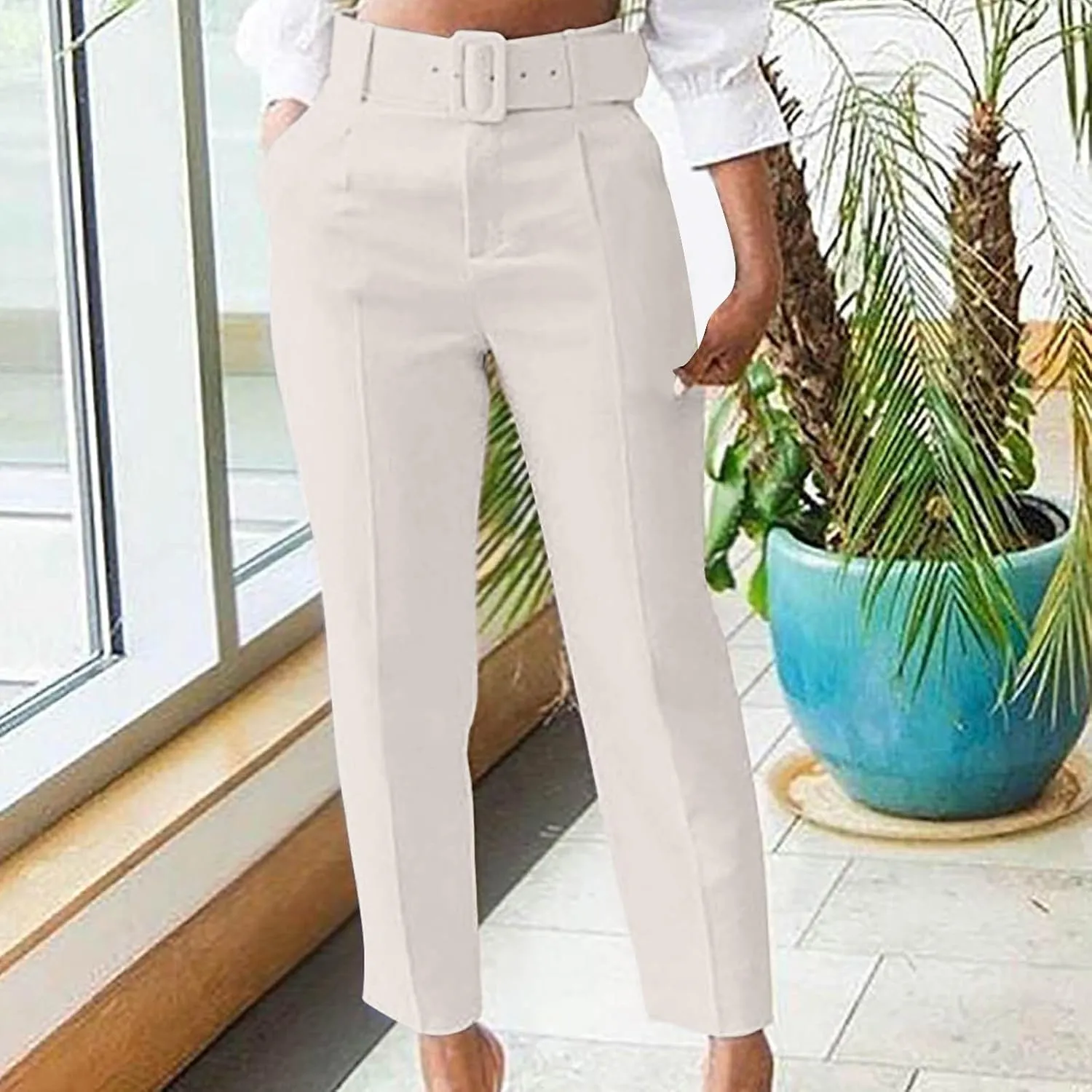 Uillui Dress Suit Pants for Women Business Casual Straight Leg Trouser Dressy High Waist Office Work Pant Slacks with Belted