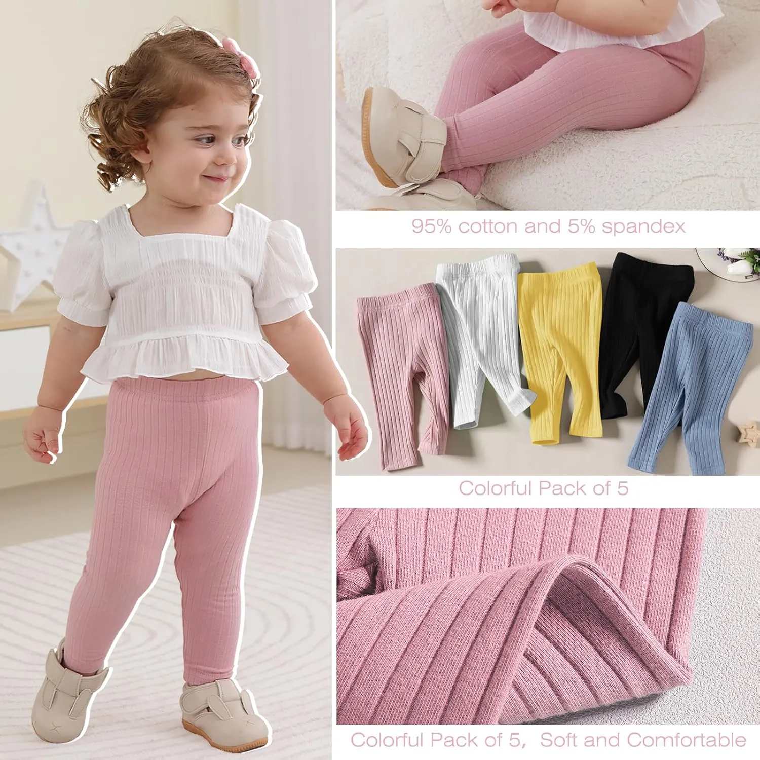 Unikaka Unisex Baby 0-48 Months 5-Pack Pants in Grey White Black Orange and Pink