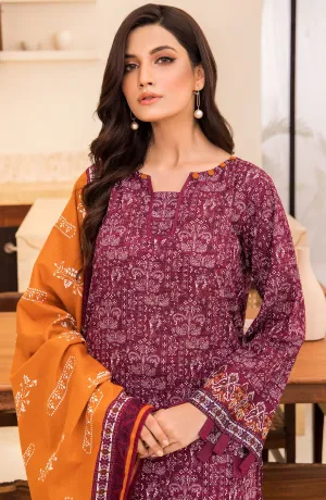 Unstitched 3 Piece Printed Karandi Shirt , Pant and Karandi Shawl Dupatta (OTL-21-286/U PURPLE)