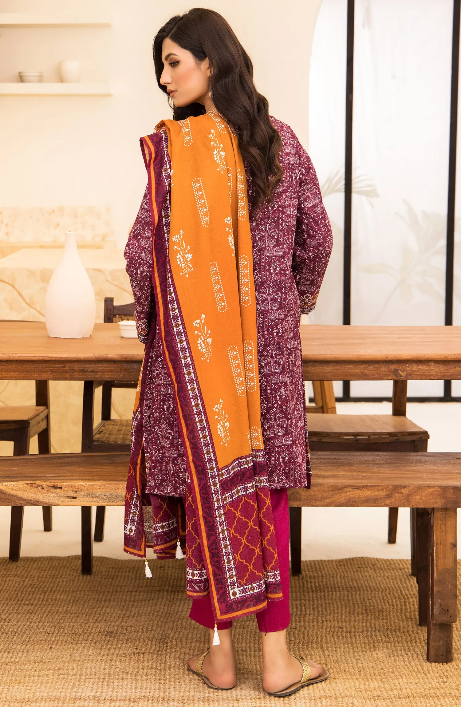 Unstitched 3 Piece Printed Karandi Shirt , Pant and Karandi Shawl Dupatta (OTL-21-286/U PURPLE)