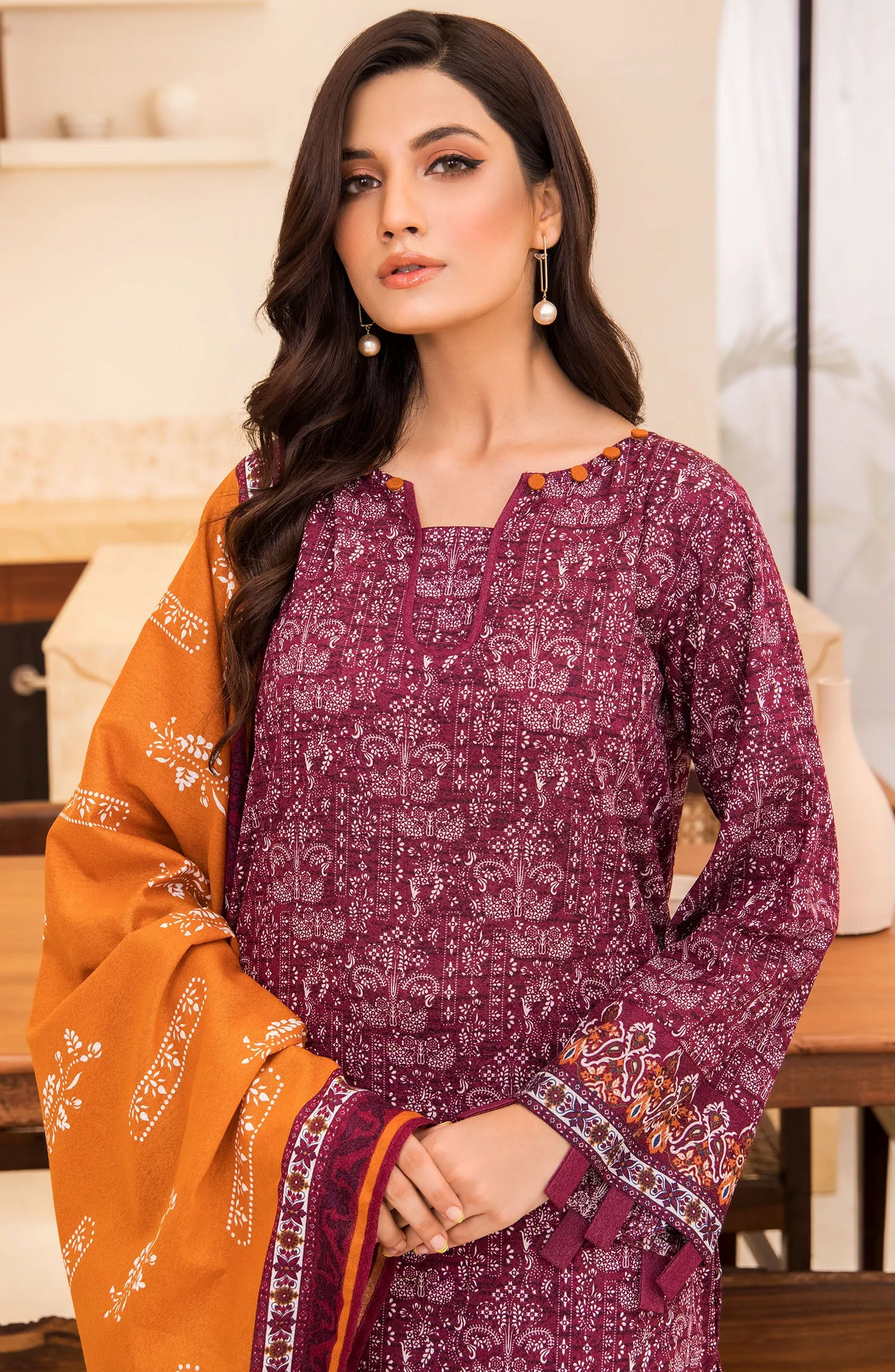 Unstitched 3 Piece Printed Karandi Shirt , Pant and Karandi Shawl Dupatta (OTL-21-286/U PURPLE)