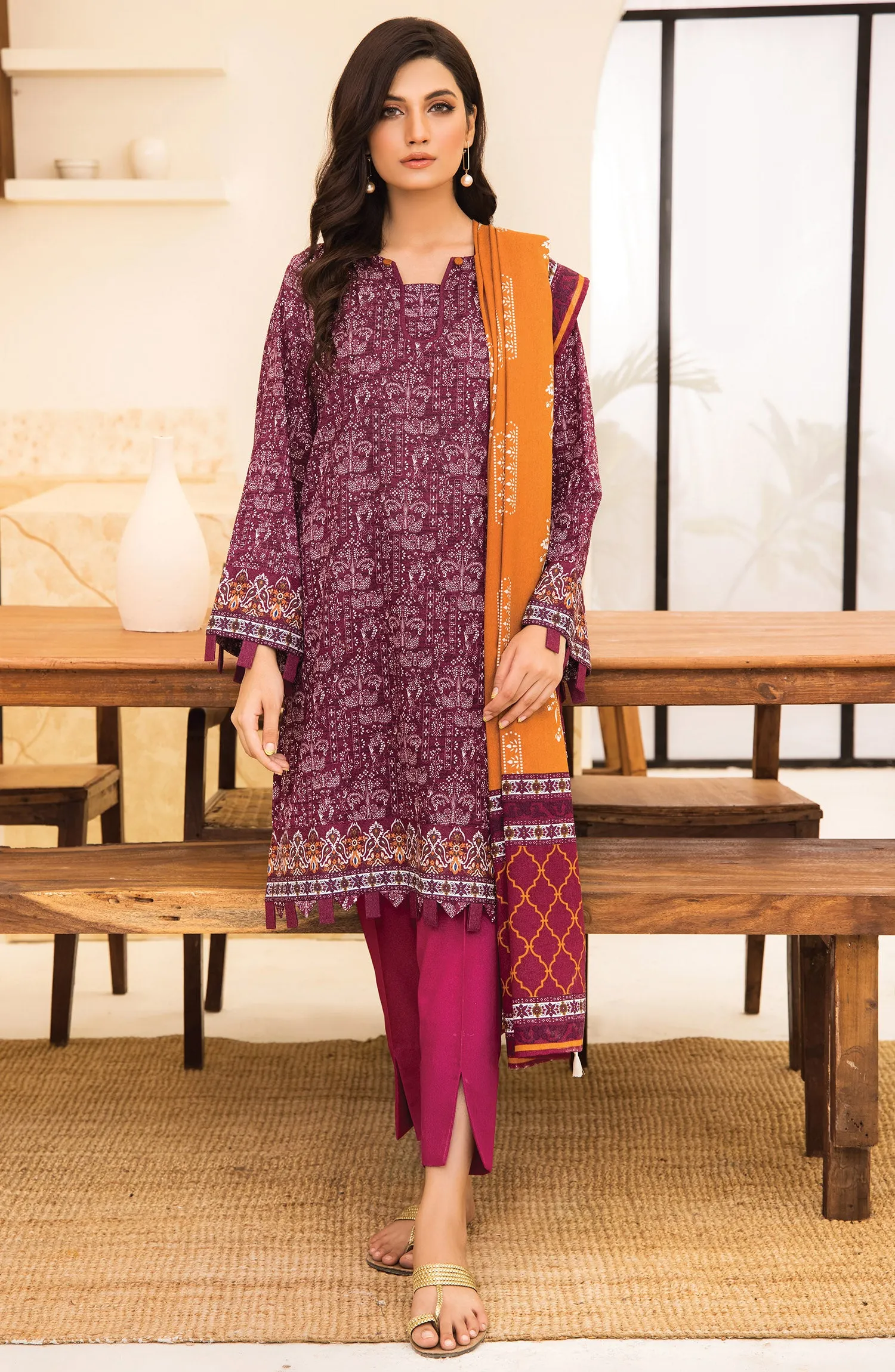 Unstitched 3 Piece Printed Karandi Shirt , Pant and Karandi Shawl Dupatta (OTL-21-286/U PURPLE)