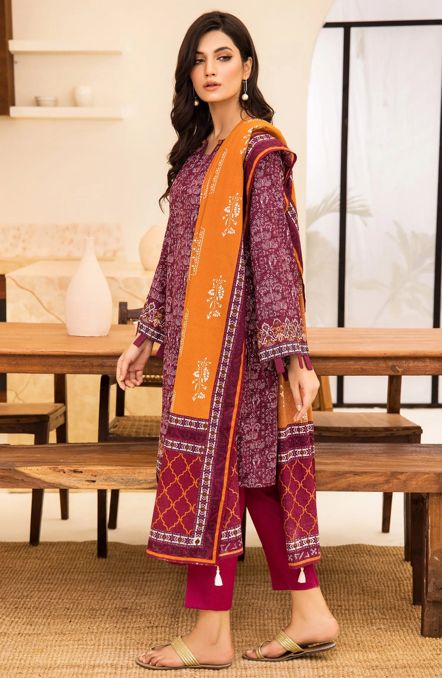 Unstitched 3 Piece Printed Karandi Shirt , Pant and Karandi Shawl Dupatta (OTL-21-286/U PURPLE)