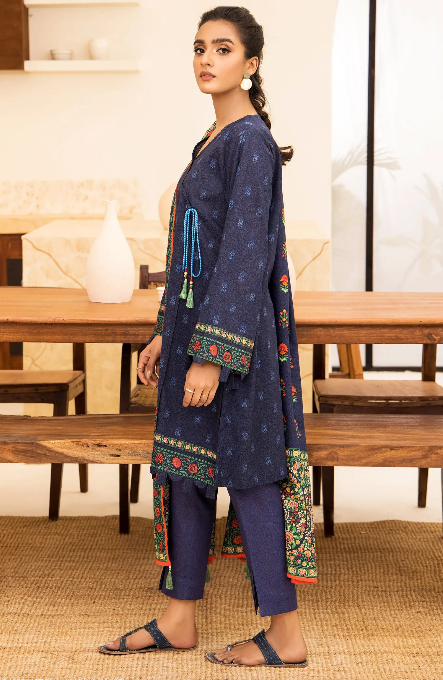 Unstitched 3 Piece Printed Karandi Shirt , Pant and Karandi Shawl Dupatta (OTL-21-295/U BLUE)