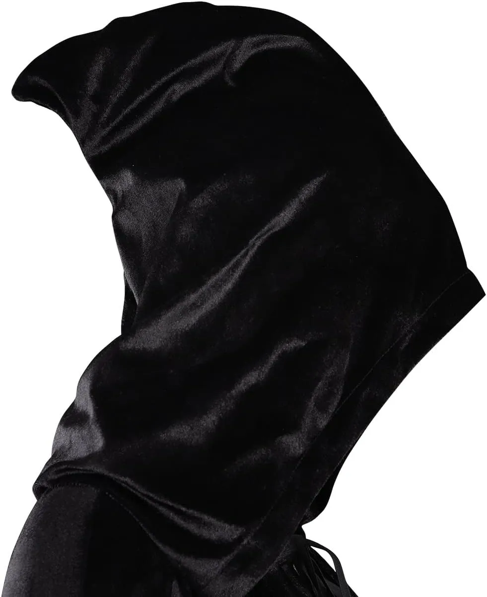 Velvet Wizard Robe Witch Cloak Halloween Contrast Lace Hooded Cape Coat Costume