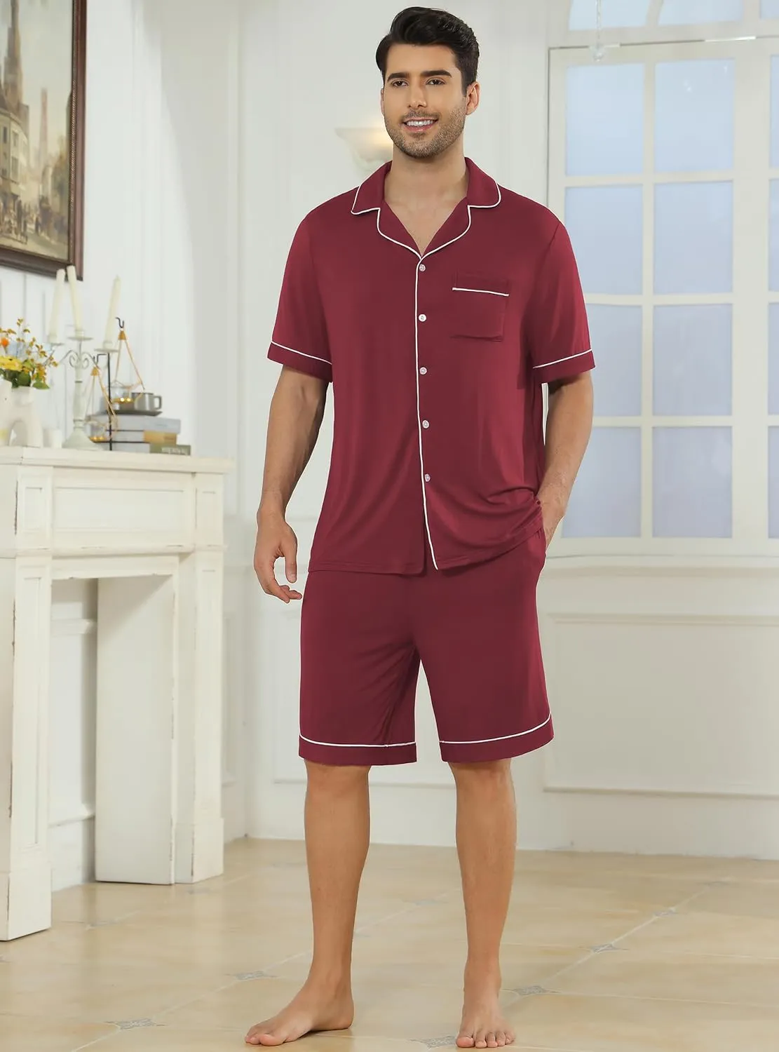 Veseacky Mens Pajamas Set Short Sleeve Soft Button Down Sleepwear Two Piece Mens Loungewear Pjs Set with Pockets S-XXL
