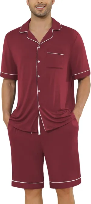 Veseacky Mens Pajamas Set Short Sleeve Soft Button Down Sleepwear Two Piece Mens Loungewear Pjs Set with Pockets S-XXL
