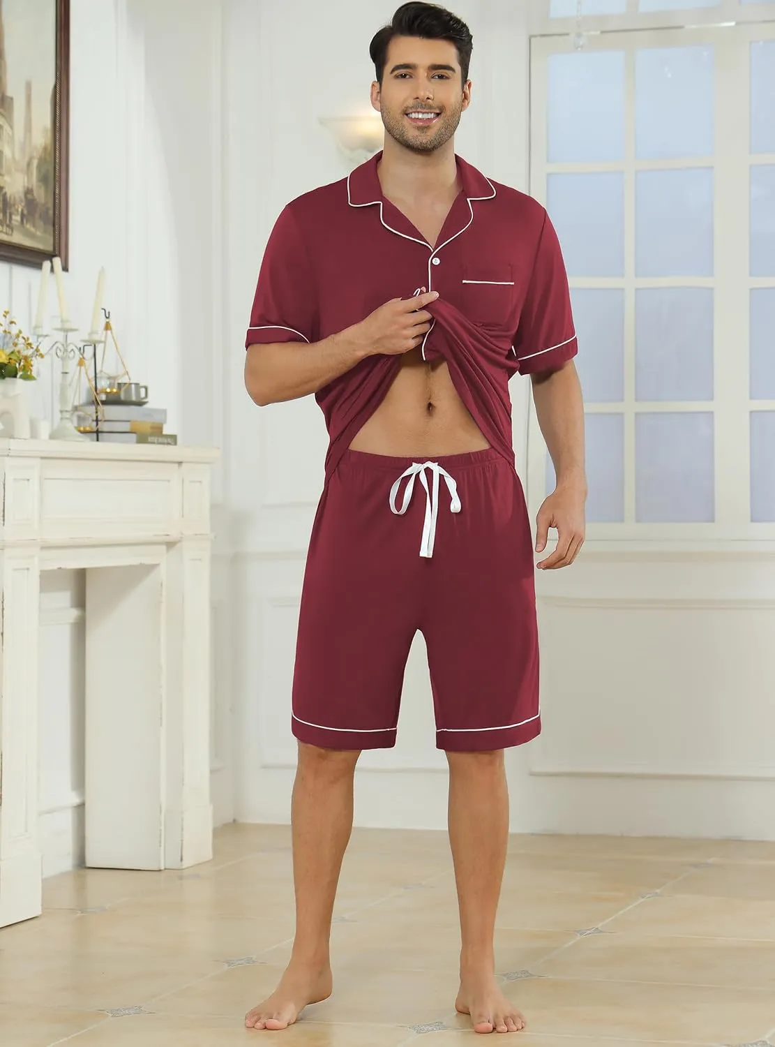 Veseacky Mens Pajamas Set Short Sleeve Soft Button Down Sleepwear Two Piece Mens Loungewear Pjs Set with Pockets S-XXL