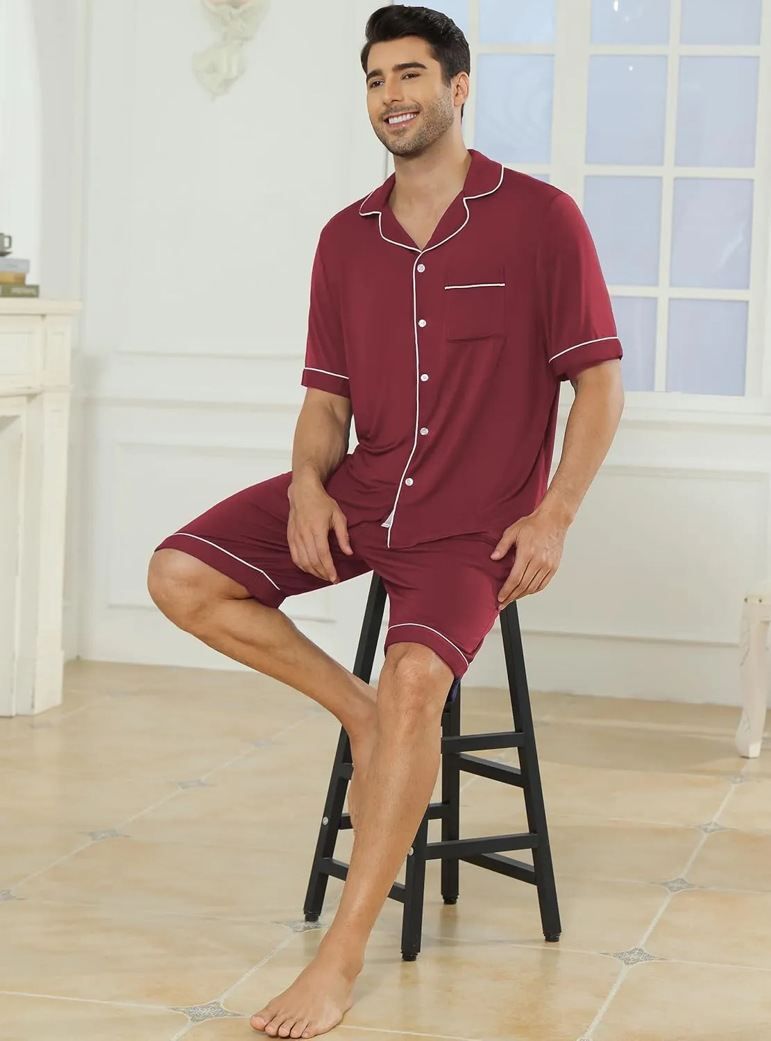 Veseacky Mens Pajamas Set Short Sleeve Soft Button Down Sleepwear Two Piece Mens Loungewear Pjs Set with Pockets S-XXL