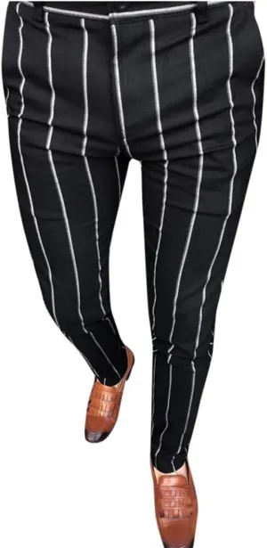 WABEOR Men's Slim Fit Chino Pants Fashion Striped Flat-Front Business Casual Trousers Contrast Color Stretch Skinny Pants Black