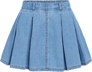 WDIRARA Girl's Light Wash Pleated Zipper Short Plain Denim Skirts Unlined Summer Outfit