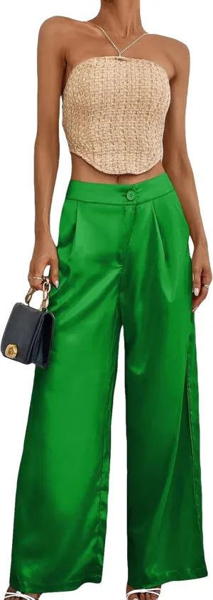 WDIRARA Women's Satin Pants Wide Leg High Waisted Loose Elegant Office Simple Pants