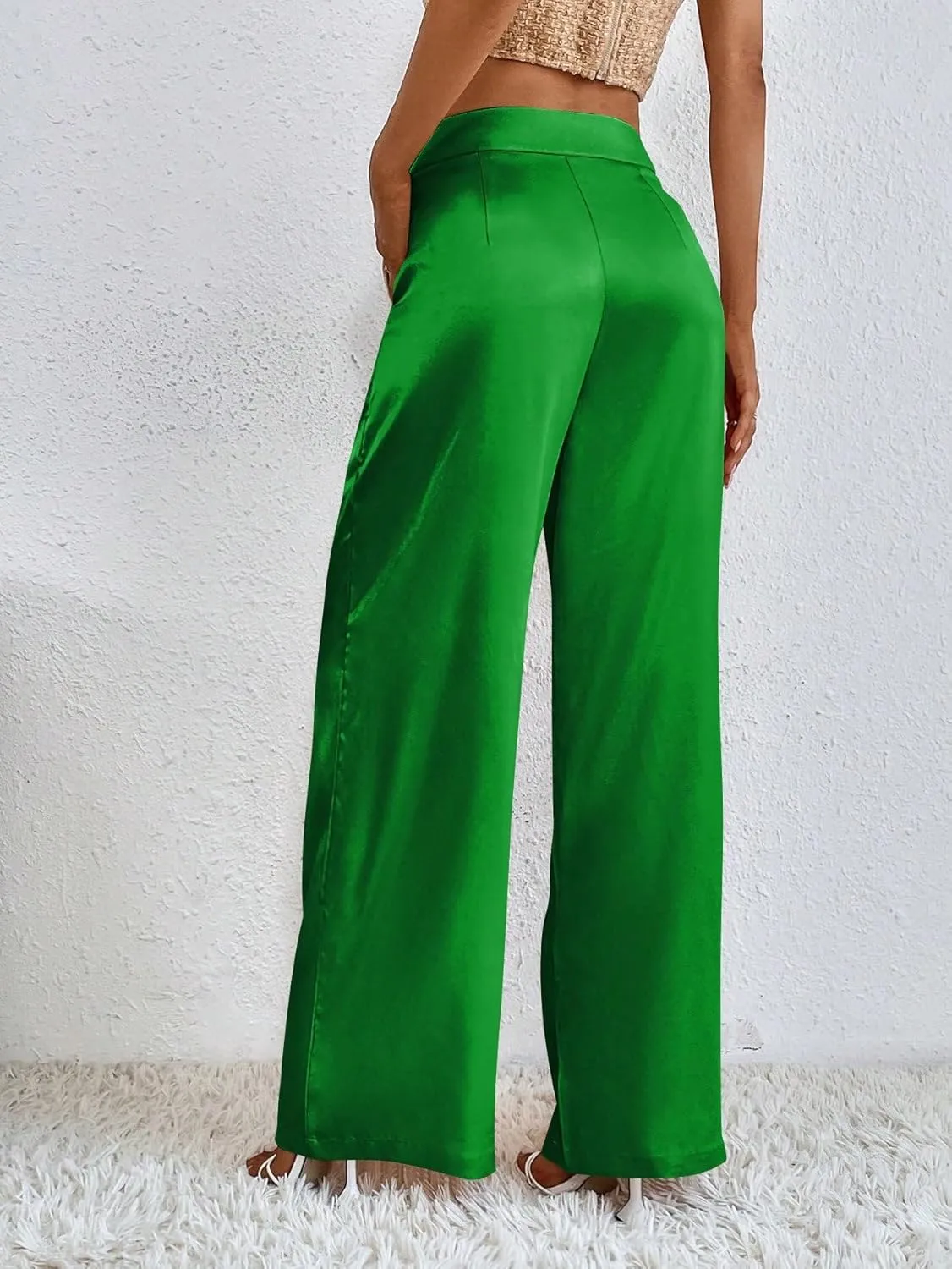WDIRARA Women's Satin Pants Wide Leg High Waisted Loose Elegant Office Simple Pants