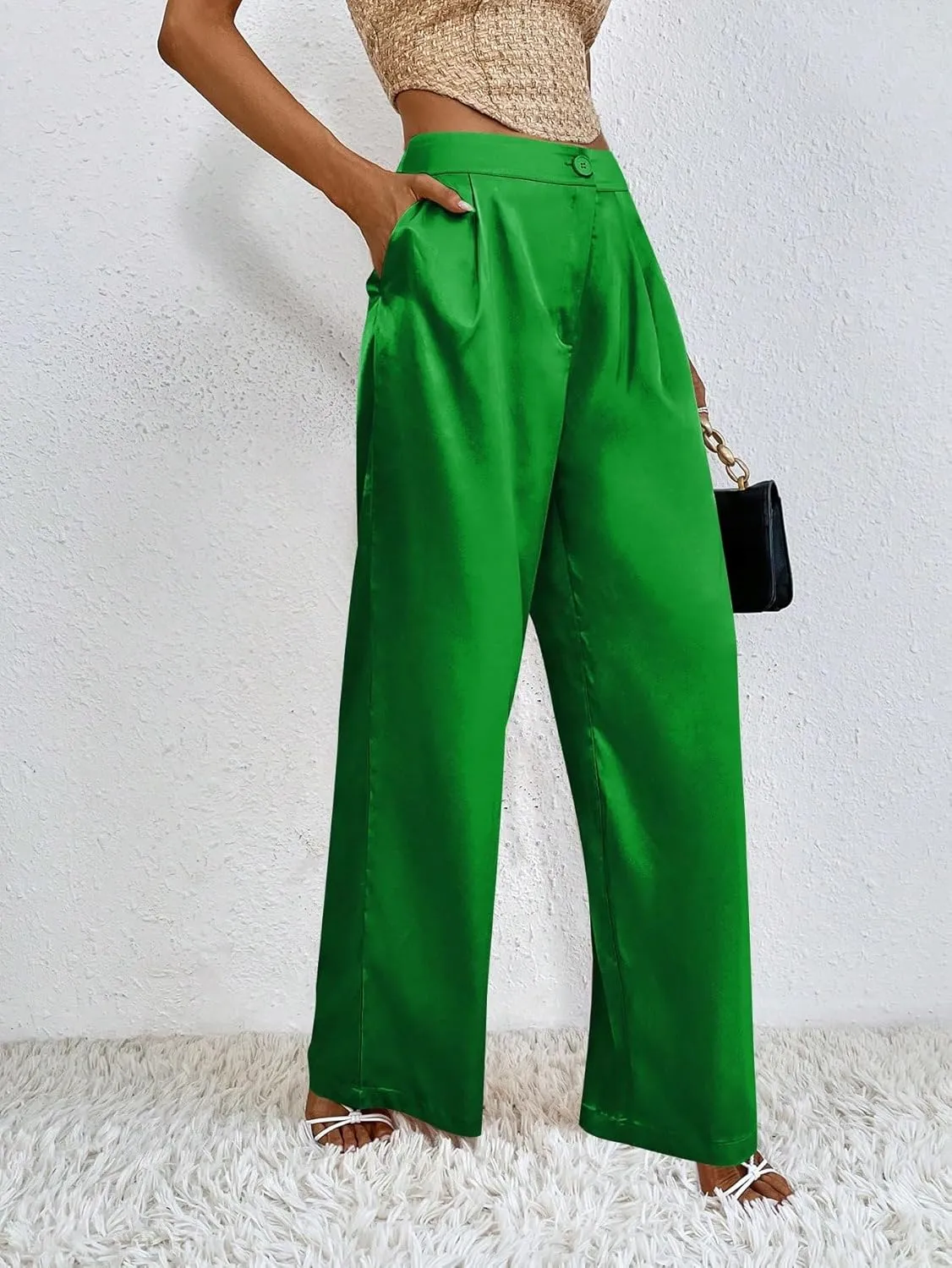 WDIRARA Women's Satin Pants Wide Leg High Waisted Loose Elegant Office Simple Pants