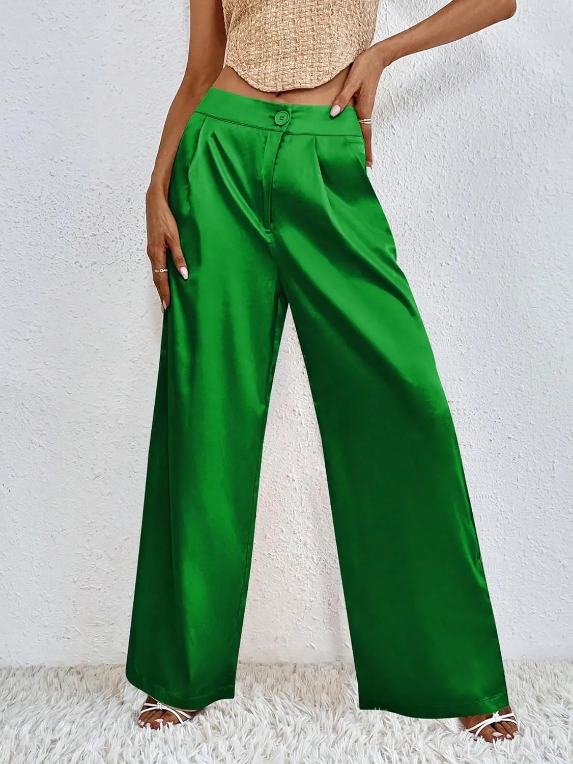 WDIRARA Women's Satin Pants Wide Leg High Waisted Loose Elegant Office Simple Pants