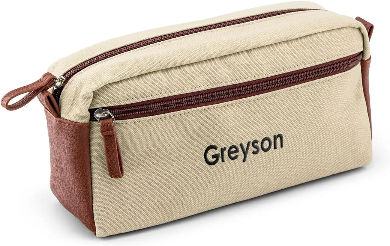 WEDDINGSTAR Customizable Mens Dual Compartment Travel Toiletry Bag - Light Brown Canvas
