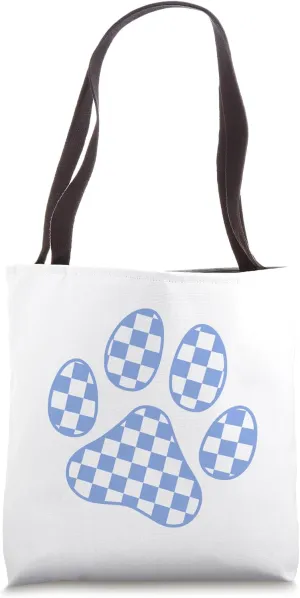 White Light Blue Checkerboard Cat Dog Paw Print Checkered Tote Bag