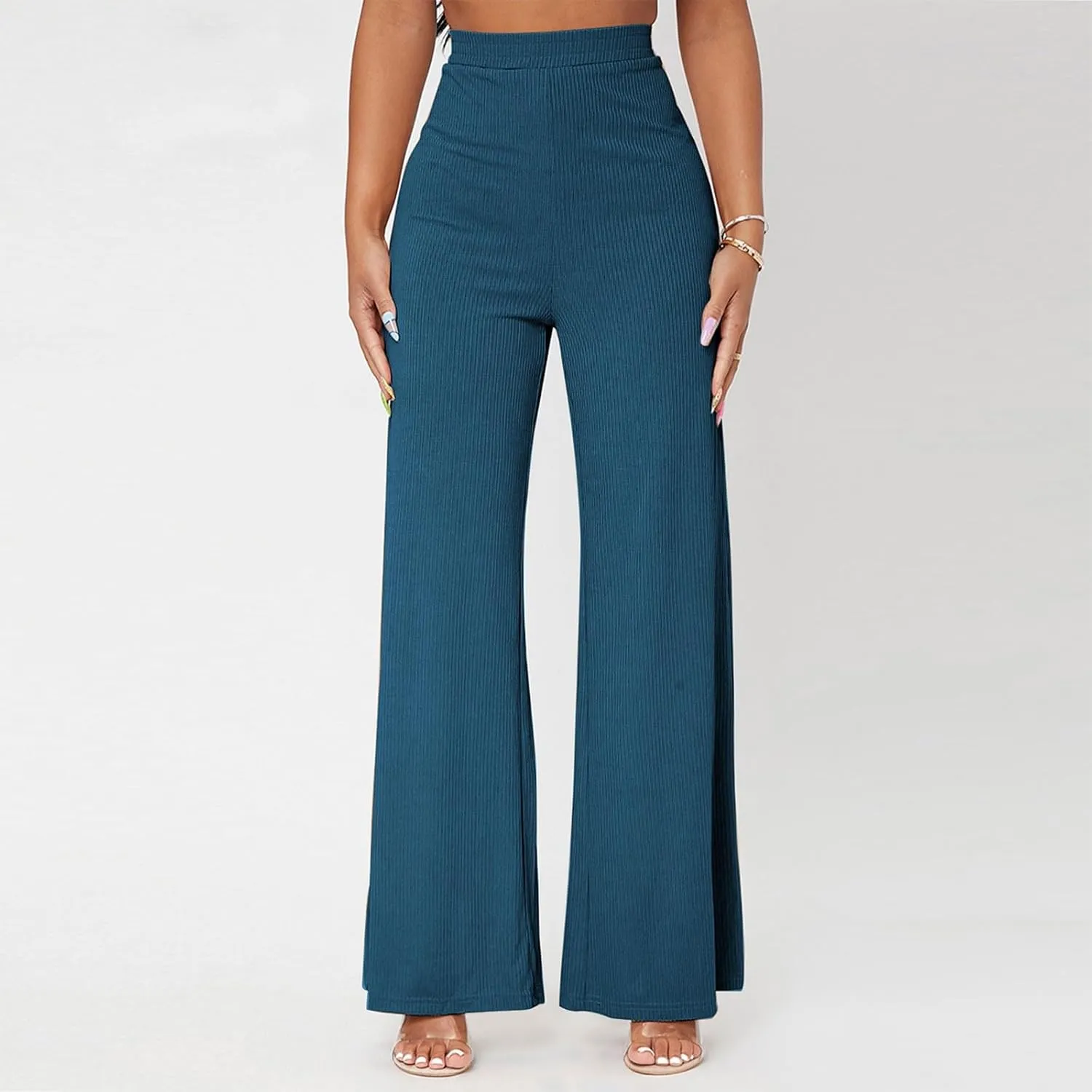 Wide Leg Pants for Women Elastic High Waist Tummy Control Lounge Slacks Solid Color Palazzo Trousers