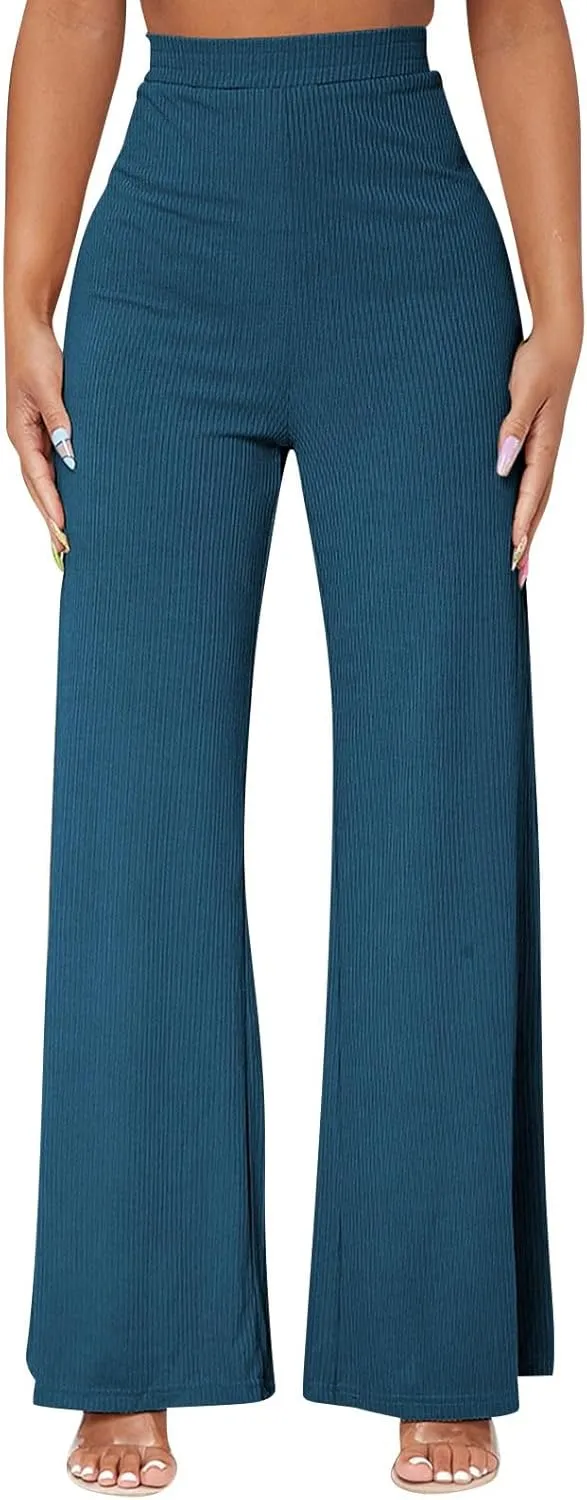 Wide Leg Pants for Women Elastic High Waist Tummy Control Lounge Slacks Solid Color Palazzo Trousers