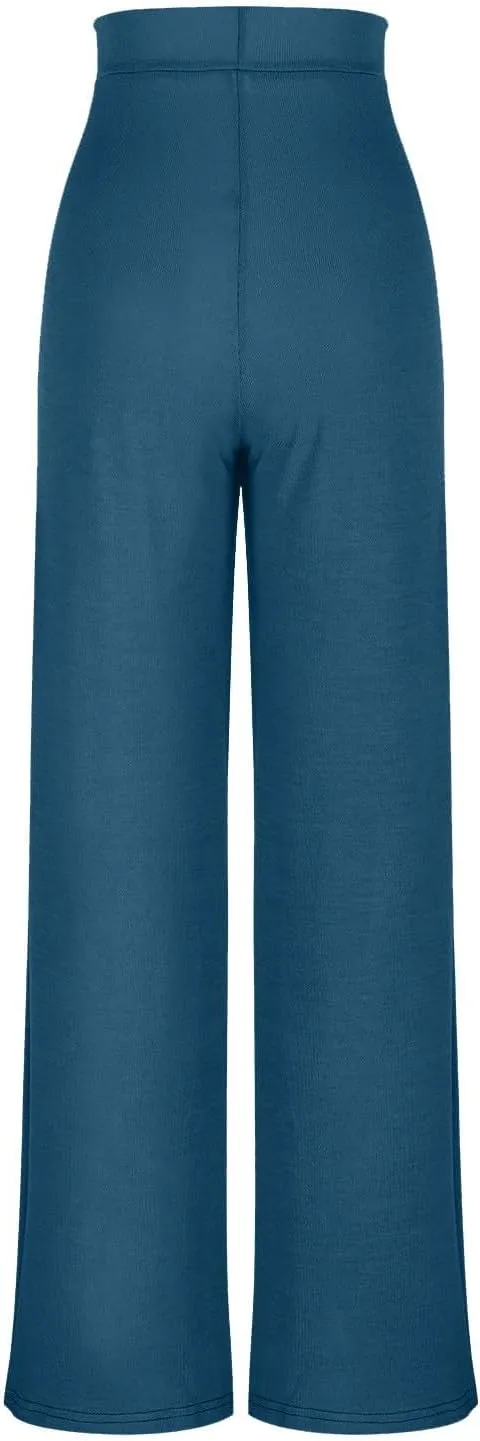 Wide Leg Pants for Women Elastic High Waist Tummy Control Lounge Slacks Solid Color Palazzo Trousers