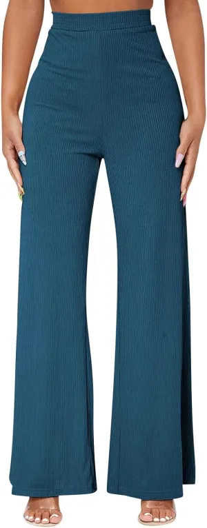 Wide Leg Pants for Women Elastic High Waist Tummy Control Lounge Slacks Solid Color Palazzo Trousers