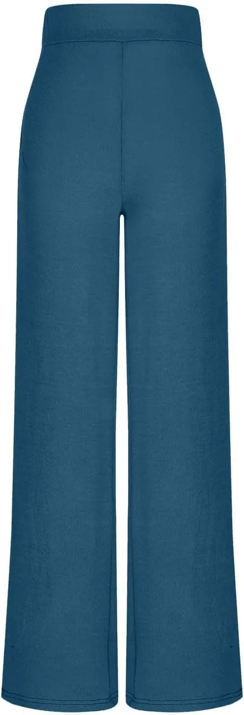 Wide Leg Pants for Women Elastic High Waist Tummy Control Lounge Slacks Solid Color Palazzo Trousers