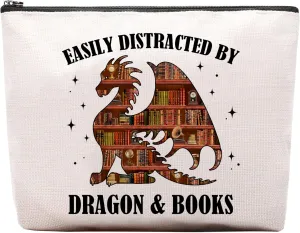 Wings Dragon Books Reading Makeup Bag, Cute Gifts For Books Novel Lovers, Easily Distracted Cosmetic Bag, Travel Toiletry Pouch With Zipper, Birthday Anniversary Christmas Gifts For Mom Sister