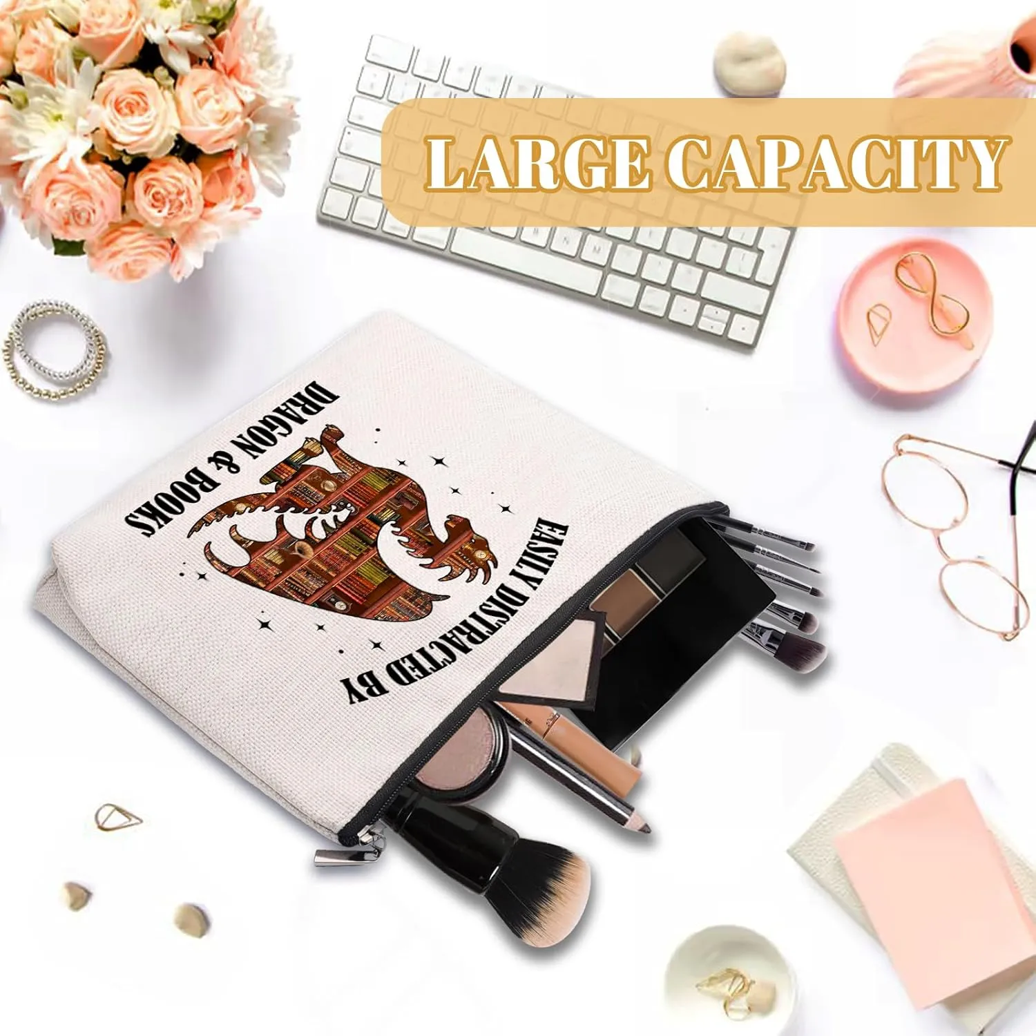 Wings Dragon Books Reading Makeup Bag, Cute Gifts For Books Novel Lovers, Easily Distracted Cosmetic Bag, Travel Toiletry Pouch With Zipper, Birthday Anniversary Christmas Gifts For Mom Sister