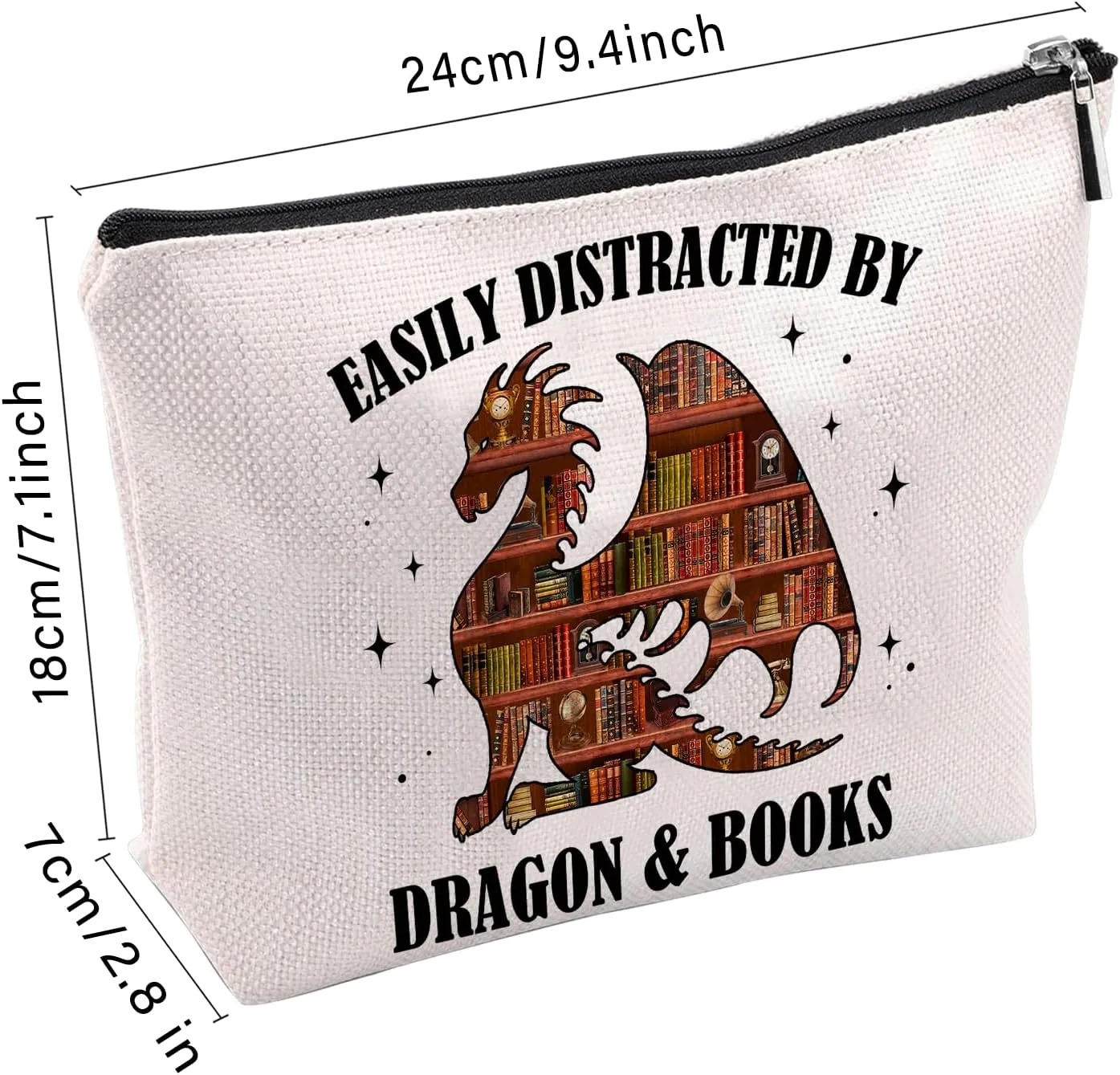Wings Dragon Books Reading Makeup Bag, Cute Gifts For Books Novel Lovers, Easily Distracted Cosmetic Bag, Travel Toiletry Pouch With Zipper, Birthday Anniversary Christmas Gifts For Mom Sister