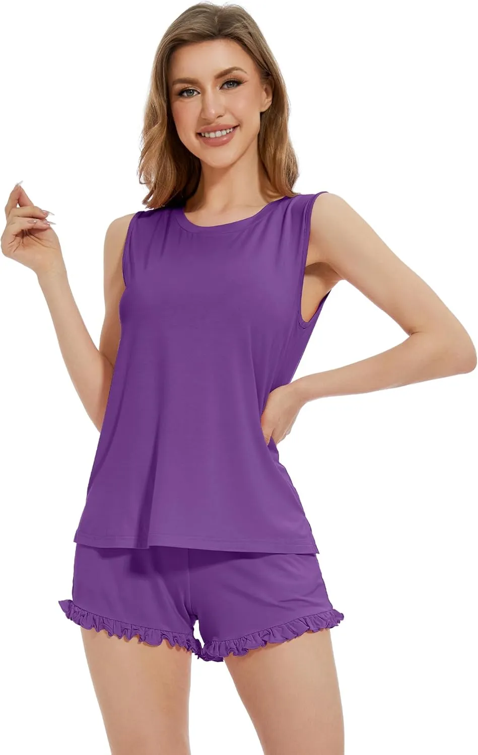 WiWi Pajama Set for Women Bamboo Viscose Sleeveless Tops with Shorts Pjs Sets Soft Summer Sleepwear Pj S-XXL