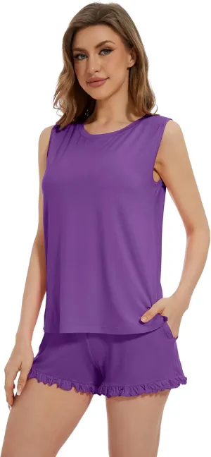 WiWi Pajama Set for Women Bamboo Viscose Sleeveless Tops with Shorts Pjs Sets Soft Summer Sleepwear Pj S-XXL