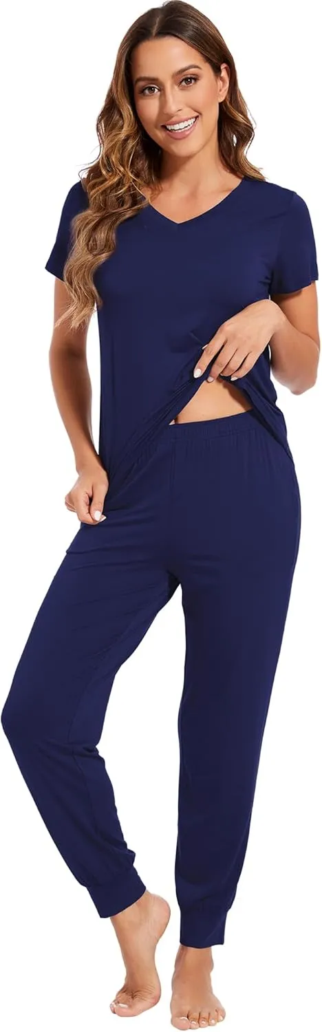WiWi Pajamas for Women Soft Pajama Sets Short Sleeve Tops with Jogger Pants Viscose from Bamboo Pjs S-XXL