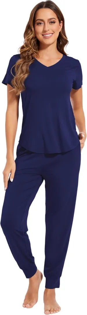 WiWi Pajamas for Women Soft Pajama Sets Short Sleeve Tops with Jogger Pants Viscose from Bamboo Pjs S-XXL