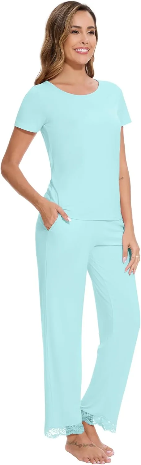 WiWi Pajamas Set for Women Soft Comfy Loungewear Short Sleeve Tops and Long Pants Viscose from Bamboo Sleepwear Pjs S-XXL