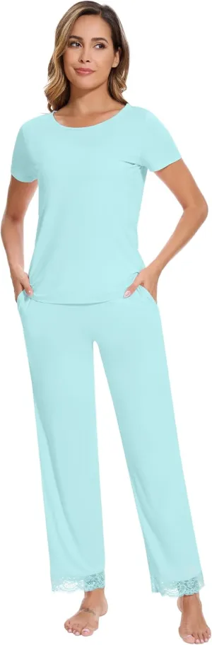 WiWi Pajamas Set for Women Soft Comfy Loungewear Short Sleeve Tops and Long Pants Viscose from Bamboo Sleepwear Pjs S-XXL