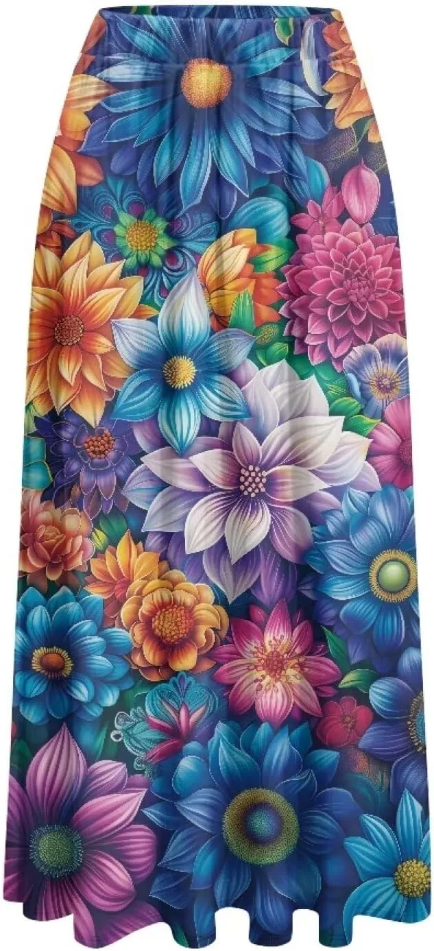 Women Casual High Waist Skirt Summer Boho Maxi A-line Beach Flowy Skirt Elastic Ankel Length Skirts Size S-2XL