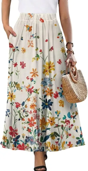 Women Casual High Waist Skirt Summer Boho Maxi A-line Beach Flowy Skirt Elastic Ankel Length Skirts Size S-2XL